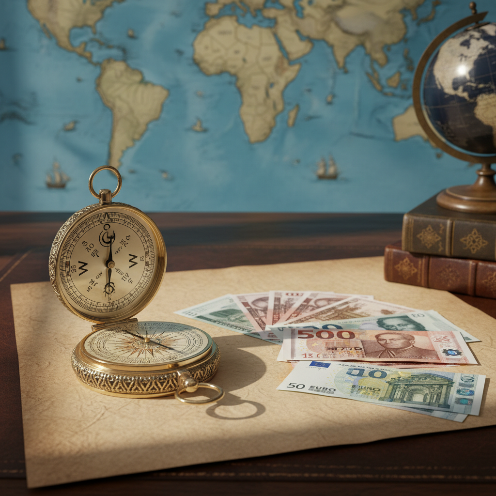 An elegant vintage brass compass with intricate detail and a precision-etched face, resting open next to a scattered array of crisp, strong foreign banknotes atop a parchment-textured desk. The setting evokes a global advisor’s office, with a muted antique blue world map faintly visible in the background. Gentle, diffused studio lighting illuminates the metallic accents, highlighting engraved markings and textures while casting subtle, inviting shadows. The composition uses the rule of thirds for dynamic visual flow. The overall atmosphere is wise and sophisticated, crafted in a realistic yet clean style, underscoring the concept of charting a smart, global financial journey.